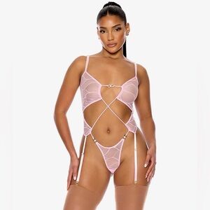 Forplay Delicate Pink Strappy Lace Teddy Thong & Garter Accents Med. & X-Large